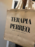 Terapia y Perreo natural canvas tote bag with black print