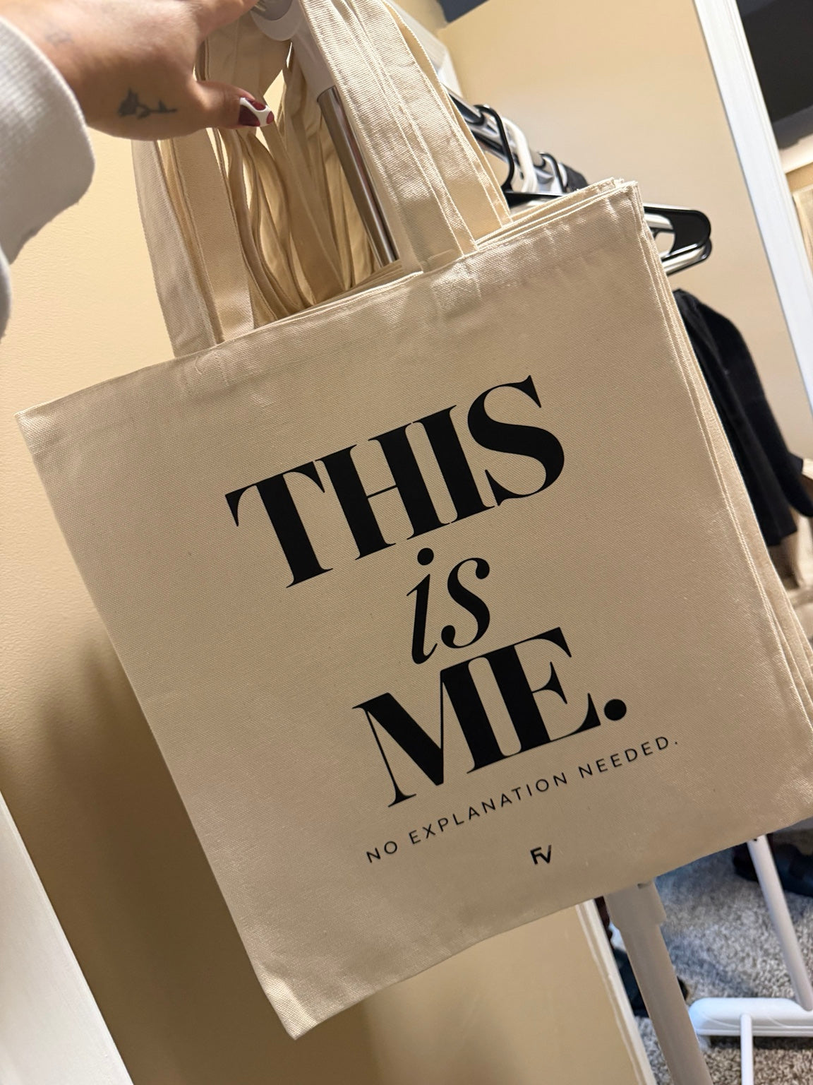 THIS IS ME natural canvas tote bag with black print